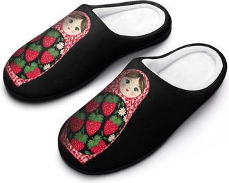 Generic Russian Matryosh Strawberry Pattern Mens House Slippers Memory Foam Washable Cotton Slip on Home Shoes