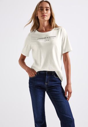 Street One T-Shirt STREET ONE, Damen, Gr. 34, weiss (sanftes wei&szlig;), Jersey, Obermaterial: 50% Baumwolle, 50% Modal, bedruckt, regular fit taillenbedeckt, U-Boot-