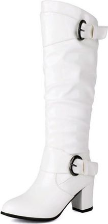 Generic Womens Patent Leather Knee High Riding Boots with Buckle Detail, Chunky Block Heel & Slouch Design,Winter Style,White,1.5 UK