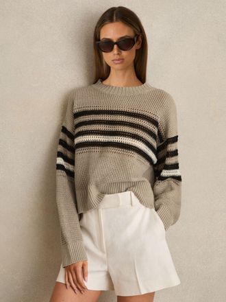 Reiss Neutral & black Linen Crochet Striped Jumper, XS