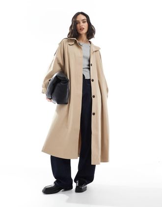 Asos funnel neck longline trench coat in stone-Neutral