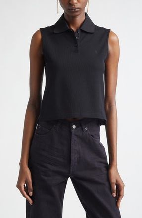 Saint Laurent Cassandre Embroidered Sleeveless Cotton Piqu&eacute; Polo in Noir at Nordstrom, Size X-Large