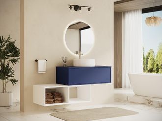 Vente-Unique Mobile bagno sospeso con lavabo tondo 1 cassetto Blu e 2 nicchie Bianche 94 cm - TEANA II