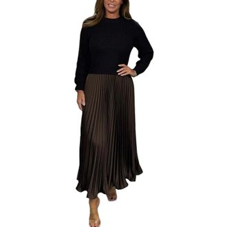 Generic Womens Solid Color Long Sleeve Jumper & Pleated Bottom Dress Fashion Fall Casual Loose Sweatshirt Pullover Dresses (Brown,L)