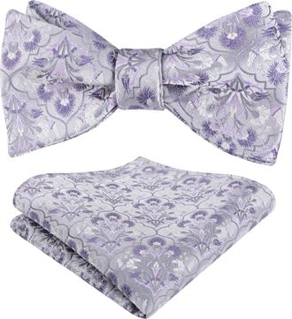 Alizeal Mens Floral Self Tied Bow Tie and Pocket Square for Wedding Party Business Tie Set, Silver+Lilac