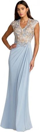 Mac Duggal Jersey Beaded Embroidered V Neck Cap Sleeve Gown in French Blue at Nordstrom, Size 10