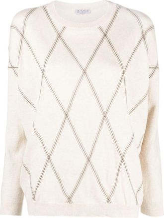 Brunello Cucinelli bead-embellished V-neck jumper - women - Cashmere/Virgin Wool/Silk - M - Neutrals
