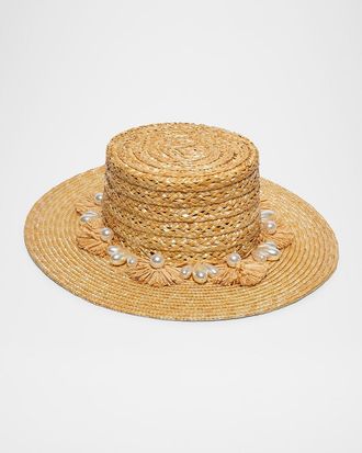 Lele Sadoughi Faux-Pearl Pom Straw Hat