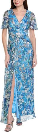 Adrianna Papell Flutter Sleeve Crinkle Foil Floral Gown
