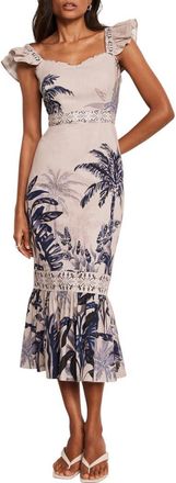 Mint Velvet Palm Print Column Midi Dress in Blue at Nordstrom, Size 12