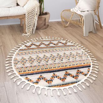 Paco Home Paco Home Tappeto Salotto Moderno Soggiorno Pelo Corto Modern Boho Etnico Scandi Frange &Oslash; 160 cm tondo, Multicolore