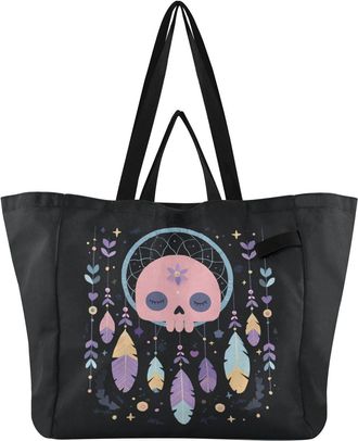 Generic Pink Skull Feather pattern Reusable Canvas Tote Bag, Heavy Duty Grocery Shopping Bag with Hard Bottom Large Capacity Double Handles Work Groceries Tra