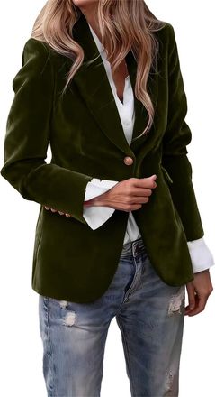 Generic Green Velvet Jacket Womens Blazer Velvet Blazer Suit Casual Long Sleeve Jacket Ladies V Neck Office Work Notched Collar Coats Elegant Classic Button D