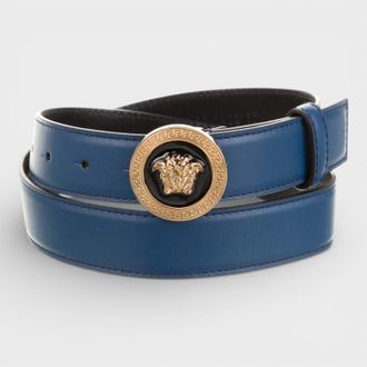 Versace Mens Medusa Leather Belt, Navy Blue and Black - Size 110 cm