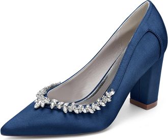Generic Womens Chunky Heels Pumps Bridal Rhinestones Pointed Toe High Heels Wedding Party Dress Slip on Pumps Shoes 8.5Cm,Dark Blue,10 UK