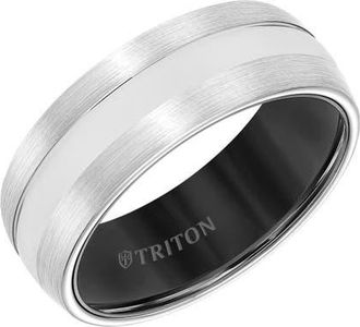 Triton 8MM Tungsten Carbide Band with Satin Finish Center and Black Interior Sleeve with Domed Edge in White at Nordstrom, Size 12.5