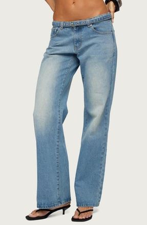 Edikted Karah Belted Low Rise Straight Leg Jeans in Blue-Washed at Nordstrom, Size X-Small