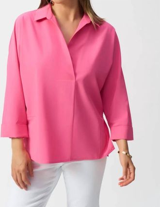 Joseph Ribkoff V-Neck Poplin Boxy Three Quarter Sleeves Shirt In Bubblegum