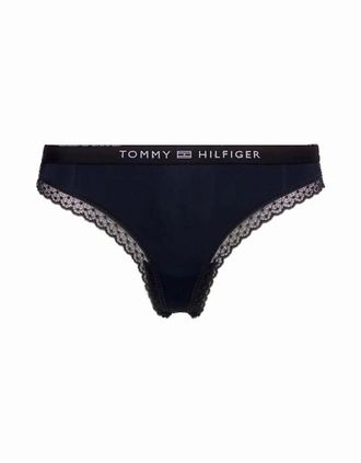 Tommy Hilfiger Womens TH Tonal Logo Lace Thong, Navy - Black - Size: 12