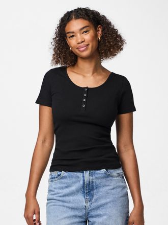 Pieces Kurzarmshirt PIECES PCKITTE SS TOP NOOS BC, Damen, Gr. XL, schwarz, Rippware, Obermaterial: 95% Baumwolle, 5% Elasthan, unifarben, slim fit normal, Ru