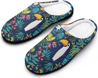 Generic Toucans Eating Berries Tropical Plants Slippers Men Winter Warm Cotton Anti-Slip Indoor Slip-Ons House Shoes