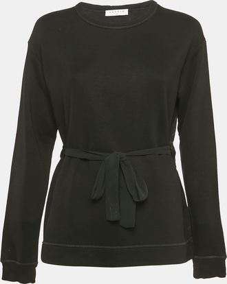 Sandro Black Knit And Satin Waist Tie-Up Detail Top
