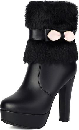 Generic Womens Chunky High Heel Winter Short Boot Round Toe Platform Boots with Bow PU Leather Ankle Boots with Side Zipper,Black,4.5 UK