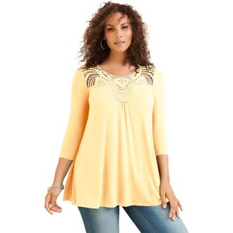 Roaman's Plus Size Crochet Embellished Swing Ultra Femme Tee in Banana at Nordstrom, Size 36