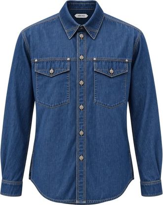 Versace Denim Katoenen Shirt met Geborduurd Logo - Heren - Spijkeroverhemden - Blauw - XL - Katoen - Overhemden