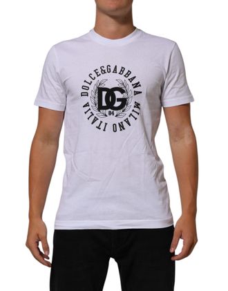 Dolce & Gabbana White Cotton Logo Print Crew Neck Mens T-shirt