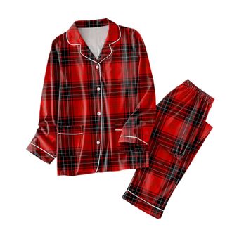 Generic Women Brushed Cotton Pyjamas Set Long Sleeve Button Down Tops Pants Flannel Sleepwear Lounge Cozy Warm Winter Plus Size