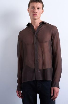 Topman Crinkle Texture Sheer Button-Up Shirt in Brown at Nordstrom, Size Large
