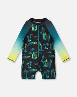 Deux par Deux One-Piece Long Sleeve Surf Print Rashguard in Black Surf Print at Nordstrom, Size 12-18M