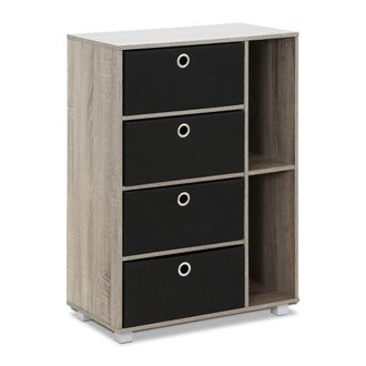 Furinno Multipurpose Storage Cabinet w/4 Bin-Type Drawers, French Oak Grey/Black