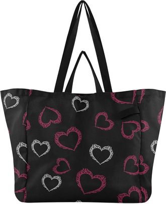 Generic Hearts Black pattern Reusable Canvas Tote Bag, Heavy Duty Grocery Shopping Bag with Double Handles Large Capacity Hard Bottom Work Groceries Travel