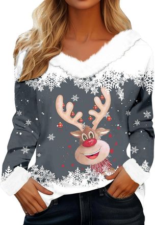 Generic Christmas Jumpers for Women Ladies Xmas Sweatshirts Furry V Neck 3/4 Sleeve Shirts Xmas Tree Reindeer Snowflake Graphic Print Blouse Casual Holiday Pu