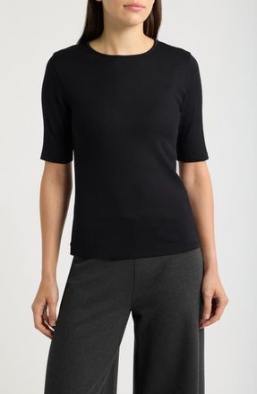 Eileen Fisher Organic Cotton Crewneck Elbow Sleeve Top in Black at Nordstrom, Size Medium