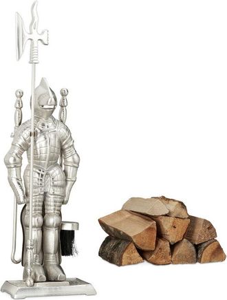 Relaxdays Juego De Utensilios Chimenea En Forma De Caballero Medieval, Hierro Fundido, Plateado, 72x21x12.5 Cm, 4 Piezas - Relaxdays