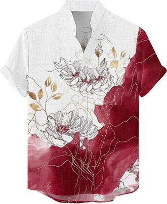 Generic Hawaiian Shirts for Men Short Sleeve Tie Dye T-Shirts Button Down Floral Shirt Summer Holiday Tops with Pocket 2025 Camisas Casuales para Hombres(Red,