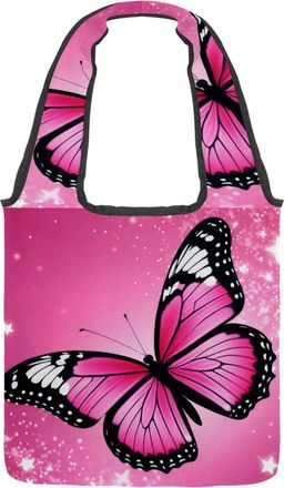 Generic Pink Butterfly Reversible Canvas Shoulder Tote - Double-Sided Print, 12oz Cotton, 27cm Drop, Fold-Flat Bag for Travel, Shopping, Street Outings