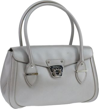 Ferragamo Flap Satchel Saffiano Leather Silver Leather Handbag (Pre-Owned)