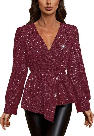 Generic Christmas Tops for Women Funny T Shirt Tees New Womens Glitter Tops 2024 New V Neck Long Sleeve Fashion Casual Asymmetric Hem Ladies Shirt Long Sleeve