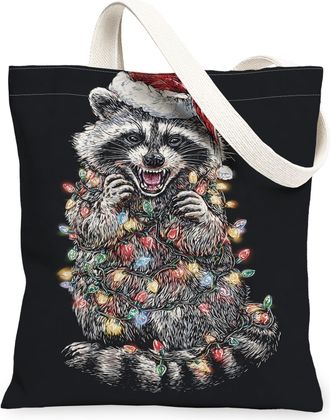 Generic Christmas Raccoon Canvas Tote Bags, Holiday Animal Design Reusable Grocery Bags, Lightweight Washable Shoulder Strap Canvas, Black, 13x15 Inch