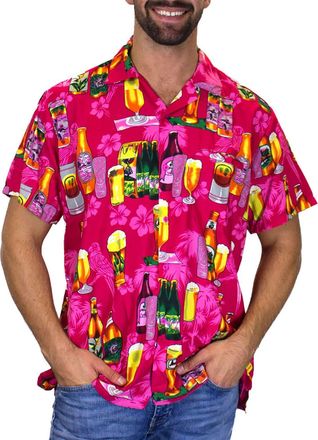 V.H.O. Mens Beerbottle-Shirt Short-Sleeve Casual-Button-Down Hawaii-Vacation, Beerbottle, Pink, 5XL