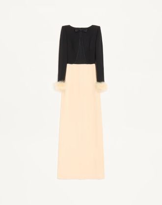 Valentino Abito Lungo In Cady Couture Con Piume Donna NERO/BETULLA 36