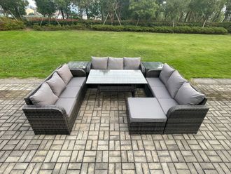 Fimous Patio Rattan Garden Furniture Set with Oblong Rectangular Dining Table Big Footstool 2 Side Tables 10 Seater Outdoor Lounge Sofa Set