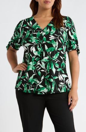 Anne Klein Tropical Print V-Neck Tie Cuff Knit Top in Anne Black Multi at Nordstrom, Size 0 X
