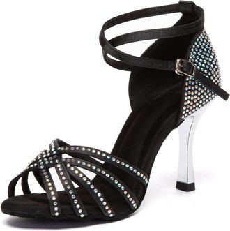 Minitoo Womens Salsa Ballroom Dancing Sandals Rhinestones Beaded Wedding Prom Shoes L651 Black 8.5cm Heel UK 4.5