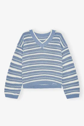 Ganni White Blue Striped Cotton V-neck Sweater - Size XXS/XS Organic