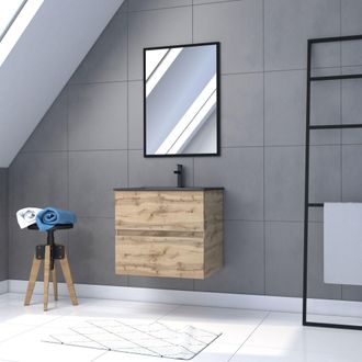 Aurlane Pack Mueble De Ba&ntilde;o Suspendido 60cm 2 Cajones Roble Lavabo Negro + Espejo
